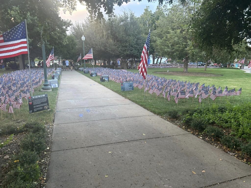 a walkway with grass on either side and flags for those lost on 9/11